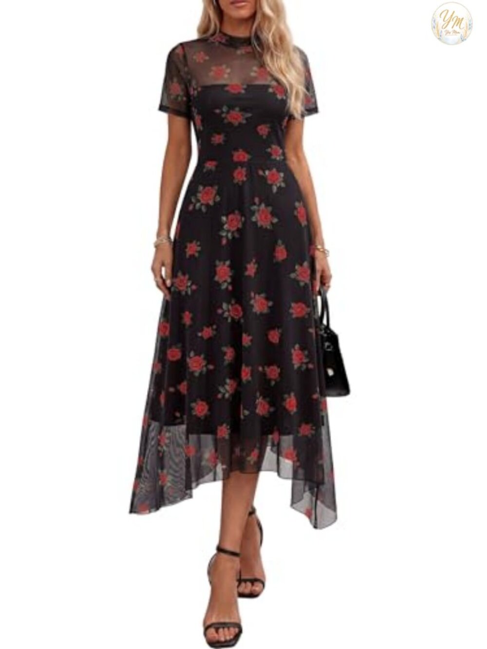 Women's Floral Mesh Midi Cocktail Dress Fit & Flare